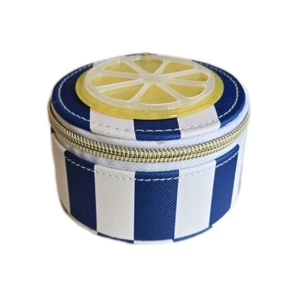 New Blue & White Stripped Beach Lemon Slice Summer Travel Jewelry Box Case